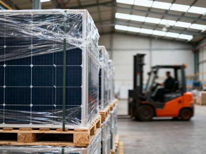Gestapelte Paletten mit Photovoltaikmodulen in einer Lagerhalle