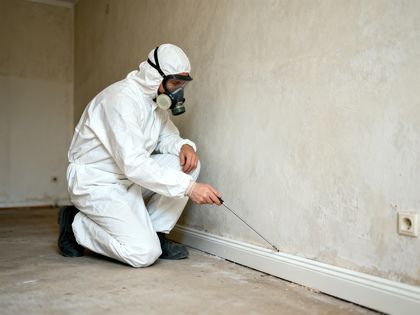 Schädlingsbekämpfer in Schutzanzug arbeitet an der Sockelleiste einer leeren Wohnung